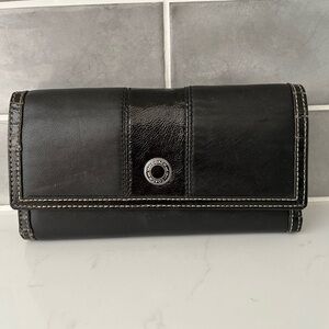 Coach Black Leather Patent Leather Stripe Wallet with Check Book Cover